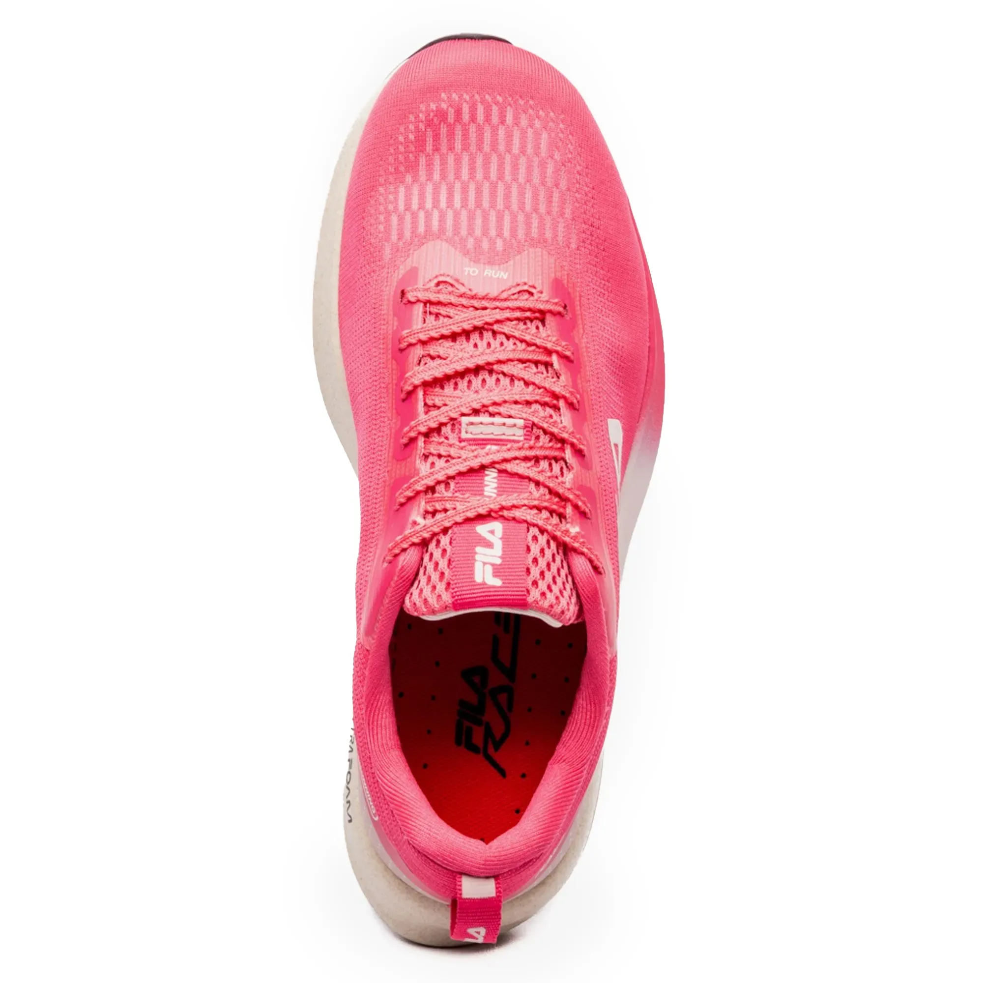 Detalhe do tênis de corrida feminino Fila Racer Fastpace rosa com solado branco
